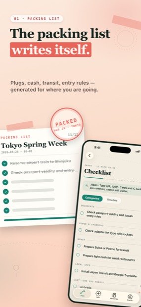 A destination checklist in BeforeGo, grouped by preparation phase